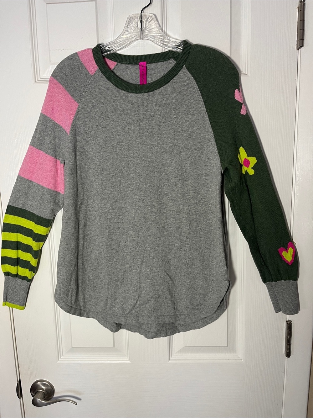 Zaket & Plover My Happy Sweater Marl pullover flowers heart stripesolive gray S